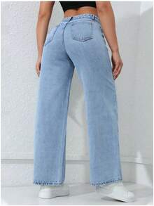 Pantalones vaqueros rectos de color claro para mujer, estilo casual, con bolsillos, longitud larga, elasticidad media, cómodos y sueltos - Neblina azul - Ver 4