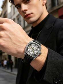 Herren-Armbanduhr in Schwarz aus Zinklegierung, Business-Stil, leuchtend, graviert, Automatik-Tourbillon, skelettiert, mechanisch - Schwarz - Übersicht 7