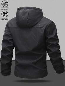 Men's Hooded Drawstring Soft Shell Windbreaker Jacket, Sports Casual, Large Chest Pocket With Zipper, Dual Side Large Pockets With Zipper Storage, Suitable For Daily Wear, Versatile Bestseller Jacket - Black and White - View 3