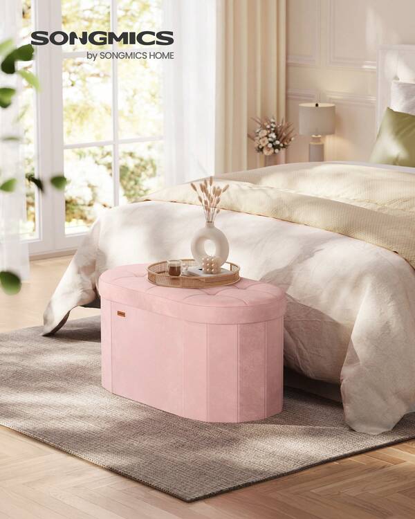 SONGMICS Colección Mazie - Otomana plegable con almacenamiento, banco otomano ovalado con almacenamiento, para sala de estar o dormitorio, tela de terciopelo, 15 x 30 x 15 pulgadas