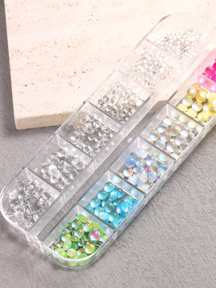 12 Grid Iridescent Mermaid Bubble Nail Beads Flat Back Aurora Rainbow Water Drop Pearl Charms Mixed Color Size 3D Transparent Dome Nail Rhinestones For Cat Eye Bubble Manicure DIY Nail Art Decorations Makeup Craft Accessories - Multicolor - View 1