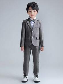 3pcs/Set Jas Anak Laki-Laki Motif Kotak-kotak: Jaket, Celana, dan Pita, Cocok untuk Acara Formal Seperti Jamuan Makan, Pernikahan, dan Pertunjukan Sekolah, Musim Gugur - Dark Grey - View 3