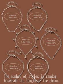 6Pcs Multi Layer Silvery Anklet Set Figaro Chain Rhinestone Dangling Charm Stackable Ankle Bracelets Women Summer Beach Foot Jewelry - Silver - View 5