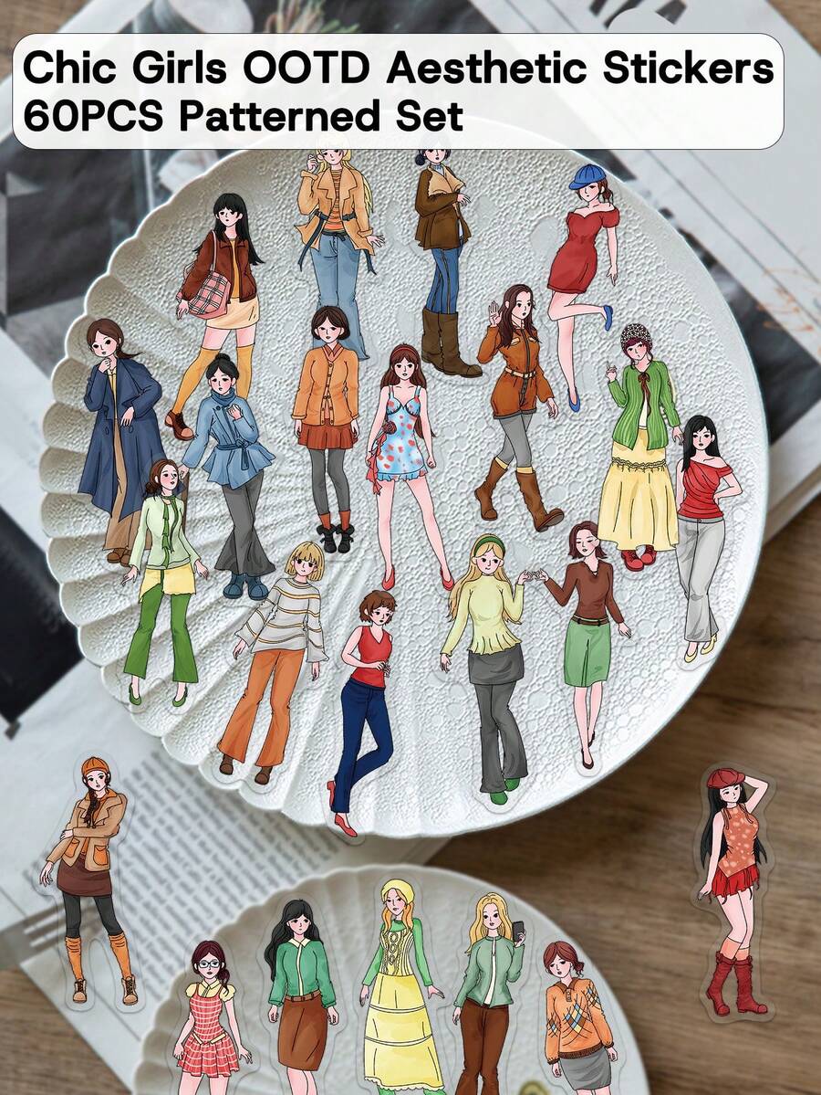 60 pezzi Adesivi estetici chic per ragazze OOTD (PET trasparente) – Ispirazione di stile – Perfetti per skateboard, chitarre, valigie, custodie per telefoni e borracce – Regali fai-da-te - Multicolore - Visualizzare 1