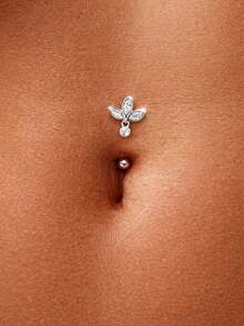1pc 925 Sterling Silver Clover CZ Navel Ring, Women's Cubic Zirconia Belly Button Piercing Jewelry - Navel Nails - View 3