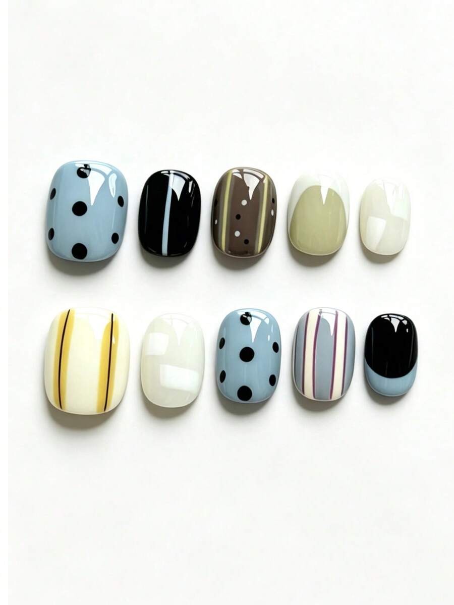 10pcs Retro Contrasting Hand-Painted Striped And Polka-Dotted Minimalist French-Style Simple Cream-White-Blue-Black Contrasting Color Versatile Daily Short Round-Shaped Vinyl Short Round-Shaped Handcrafted Business Casual Detachable Nail Art Sheet Nails - Multicolor - View 1