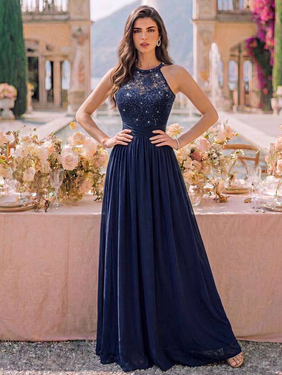 MIUSOL Sequin Floral Lace Halter Neck Sleeveless Pleated Chiffon Formal Party Long Dress, Formal Evening Gown Fall Wedding - Navy Blue - View 1