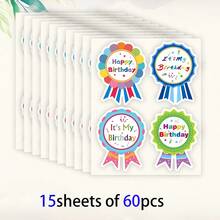 60pcs Happy Birthday Medal Stickers, Joyful Badge Shaped Gift Decoration Stickers, Holiday Celebration Party Favors, Gift Packaging Envelope Seal Stickers, Scrapbook Journal Diary Decoration, 2.4x3.1 Inches - Round - View 7