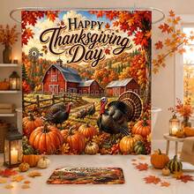 1pc/4pcs Autumn Harvest Country Farmhouse Turkey & Pumpkin Pattern Multi-Functional Bathroom Decor Shower Curtain Set, Free 12 Hooks, Premium Holiday Atmosphere, Bathroom Mat, U-Shaped Floor Mat And Round Toilet Lid Cover, Suitable For All Scenes Decoration Bathroom Set - Autumn Harvest Turkey and Pumpkin - View 6