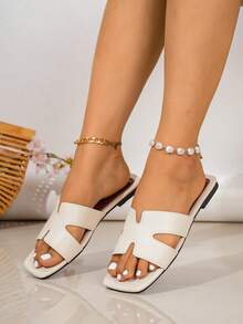 Summer New Vacation Style Women's Flat Sandals, H-Shaped Design Open Toe Square Toe Vacation Sandals, Comfortable Beach Shoes With Soft Sponge Insole, Suitable For Travel, Beach, Summer Street, Party, Hotel And Other Multiple Occasions, Women's Beige Sandals, Can Be Matched With Any Outfit Summer Slippers - Beige - View 5