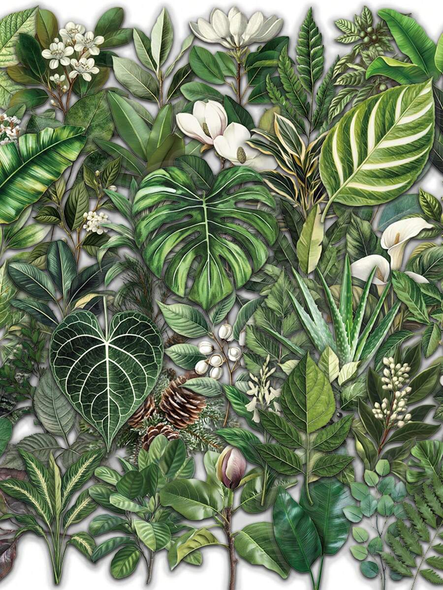 50pcs/Pack Cartoon Plants Green Leaves Transparent PET Stickers, Decorative Decals For Laptop Luggage Guitar Phone Notebook Stationery Sticker - Multicolor - View 1