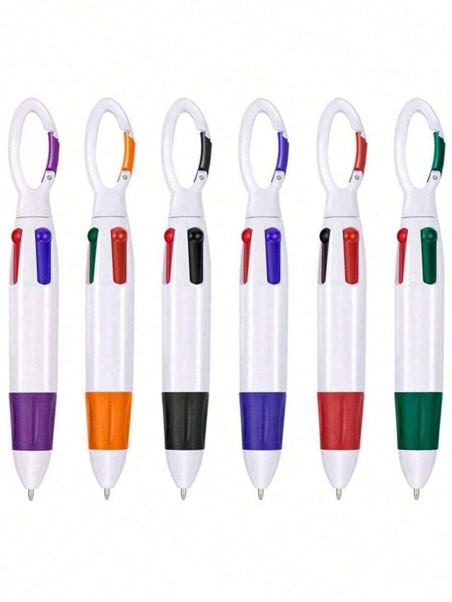 6pcs Retractable Shuttle Pens, 4-In-1 Fluorescent Ballpoint Pens With Ring Cap, Paired With Multi-Color Keychain, Suitable For Office, Study, Students And Various Occasions, Ideal Gift - A - View 1