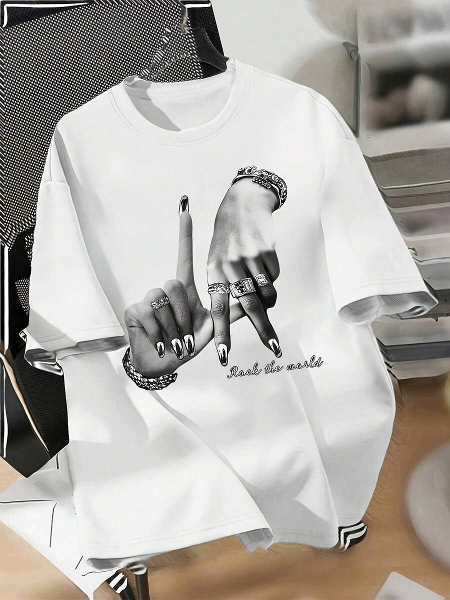 Patterned Print Loose Round Neck Fashion Women's Short Sleeve Top,Herren Sommer Outfit,Lokal,MKJS Figure - 白色 - 查看 1