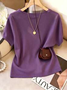 Sweater Rajut Lengan Pendek Leher V, Kain Sutra Dingin yang Lembut dan Bernapas, Desain Minimalis Elegan, Efek Melangsingkan, Leher Bulat Klasik, Serbaguna untuk Acara Kasual Musim Semi/Panas, Kerja, Kencan, Pesta, dan Liburan - Purple - View 2