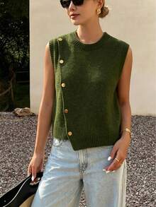 1 pieza Chaleco de punto sin mangas de unicolor con cuello redondo, diseño de botones asimétricos, estilo de capas de moda, top de verano - Verde - Ver 10