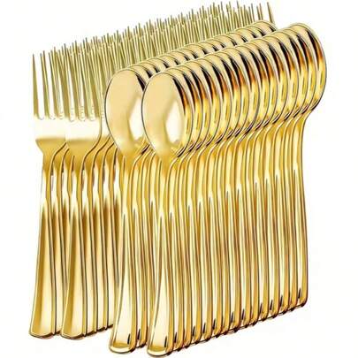 100/50/25/1 pièce Ensemble de couverts dorés, fourchette et cuillère à salade portables, ustensiles réutilisables, convient pour les couples, les voyages, le camping, le bureau, la cafétéria de l'école, accessoire essentiel pour la boîte à lunch, ensemble de couverts, parfait pour les mariages, Halloween, Noël, la rentrée scolaire, ensemble de couverts de cuisine et de restaurant