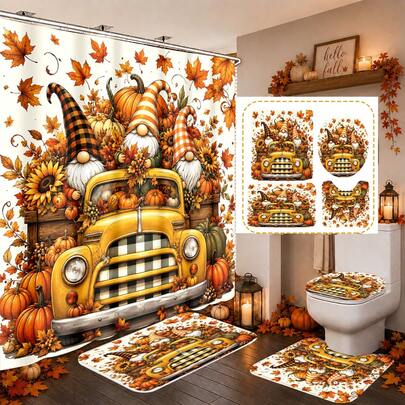 1pc/4pcs Autumn Harvest Yellow Truck Gnome Pumpkin Maple Leaf Sunflower Pattern Multi-Functional Bathroom Decor Shower Curtain Set, Free 12 Hooks, Premium Holiday Atmosphere, Bathroom Mat, U-Shaped Floor Mat And Round Toilet Lid Cover, Suitable For All Scenes Decoration, Bathroom Set