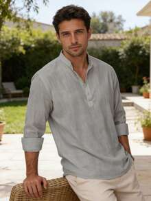 Men's Cotton Linen Long-Sleeved Shirt - 灰色1 - 查看 7