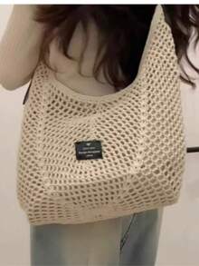 Ampia borsa tote intrecciata per la spiaggia e le vacanze, borsa a tracolla da donna, piccola borsa da spiaggia in rete di design con grande capacità - A - Visualizzare 3