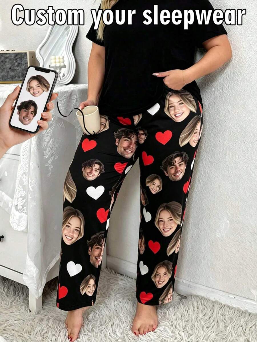بنطلون بيجامة نسائي مقاس كبير مخصص بصورة وجه على شكل قلب، بنطلون ملابس منزلية شخصي، هدية للزوجة، 1 قطعة - متعدد الألوان - مشاهدة 1