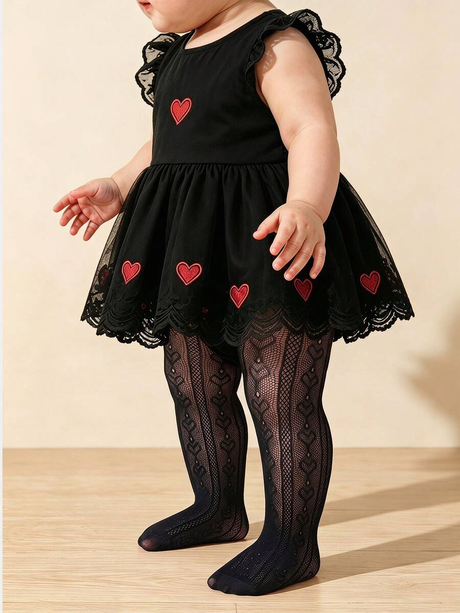1pc Spring/Summer Girls/Infants Black Hollow Heart Pattern Mesh Stockings, Cute Fashionable Comfortable Skin-Friendly Leggings, Casual Lightweight Breathable Soft Versatile Tights, Suitable For Stage Performance, School, Vacation, Style - Black - View 1