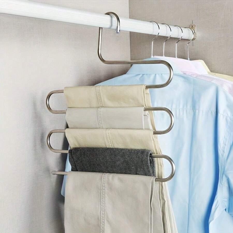 1 buah/2 buah Gantungan Baju Bentuk S 5 Tingkat Stainless Steel Tugas Berat - Rak Penyimpanan Lemari Hemat Ruang, Gantungan Celana Anti Selip Tanpa Bekas, Cocok untuk Jeans, Celana Panjang, Rok, Rak Penyimpanan Pakaian Permukaan Mengkilap