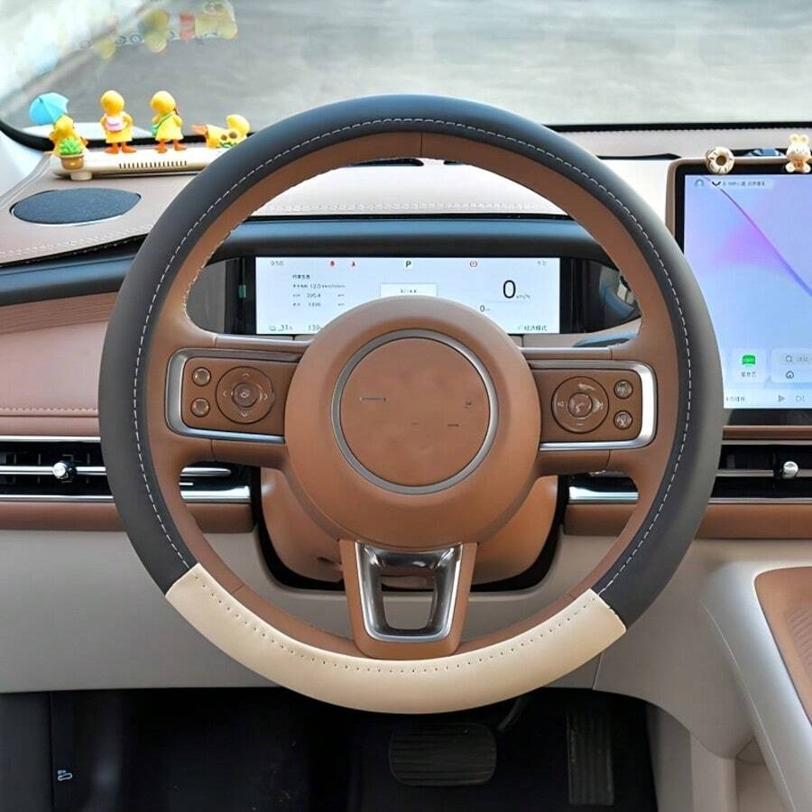 1件新款拼接皮革汽車方向盤套,皮革汽車內飾配件,附內環方向盤套 - 彩色 - 查看 1