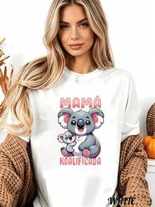 Oversized Women Short Sleeve Crew Neck Tee, Koala Mom "Koalificada" Print Loose Comfort Top For All Seasons - 白色 - 查看 6