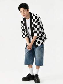 Black And White Plaid Print Casual Kimono Cardigan Sun Protection Shirt, Machine Washable, Fashionable And Versatile - Black - View 3