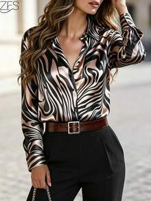 1pc Women's Colorblock Floral Print Satin Button-Front Long Sleeve Shirt, Elegant Fashion For Office, Vacation, Home, Daily Wear, Suitable For All Seasons Spring - Rose Gold - View 1