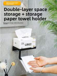 Luxury Self-Adhesive Wall-Mounted Bathroom Tissue Holder With Storage Shelf - Sleek Black High-Gloss Finish, Multifunctional Organizer For Toilet Paper, Towels, Phones And Watches, Ideal For Home And Hotel Bathrooms | Bathroom Accessories - Multicolor - View 3
