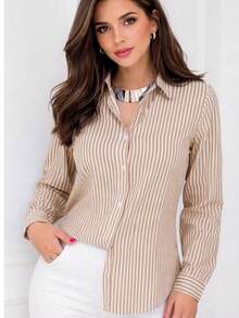 Women's Long-Sleeved Striped Shirt With Buttons, Loose Fit, In Premium Crepe Fabric, No Pockets, , Casual, Elegant - 米色 - 查看 5