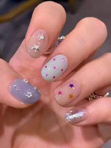 10pcs Medium Oval Handmade Nail Art Stickers Set, Pink, Blue, Green, Sweet And Cute, Star, Candy, Glitter Decoration, Suitable For Girls Daily, Office, School, Date, Party, Dance, Valentine's Day And Other Occasions - Multicolor - View 4