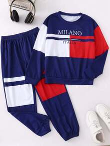 Boys' Spring/Autumn Outfit, Colorblock Letter Print Long Sleeve Top + Casual Jogger Pants, Suitable For 8-12 Years Old - Royal Blue - View 7