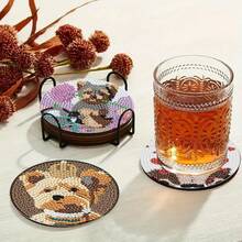 Yorkshire Terrier Pet Theme Diamond Painting Coasters Set Of 8 With Iron Holder, DIY Round Sparkly Rhinestone Cup Mat Kit, Relaxing Art Craft For Kitchen Decor & Holiday Gifts - Sets - View 4