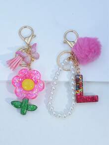 1pc Resin Starry Sky Epoxy Letter Keychain With Black Fur Ball Tassel Decor, Heart Pendant Gift For Friend And Mom - Hot Pink - View 17