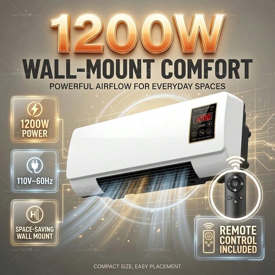 TazTir 1200W 2-In-1 Wall Mounted PTC Ceramic Space Heater & Fan-Only Air Circulator, Warm Air + Natural Breeze Modes, Remote Control, LED Display, Timer & Adjustable Thermostat, Space Saving Heater Fan For Bedroom, Dorm, Apartment, Home Office - 白色 - 查看 1