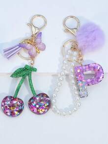 1pc Resin Starry Sky Epoxy Letter Keychain With Black Fur Ball Tassel Decor, Heart Pendant Gift For Friend And Mom - Mauve Purple - View 36