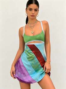 Rainbow Tie-Dye Bodycon Mini Dress for Women Composite Fabric with Medium Stretch, Cut-Out Detail Camisole Cosplay Dress. - Verde - Ver 3