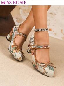 [MISS ROSIE]Women's Shoes,  Elegant Mary Jane Heels: Round Toe, Hollow T-Strap, Thick Heel, Perfect For Parties, Weddings, Business & Trips. - 棕色 - 查看 1