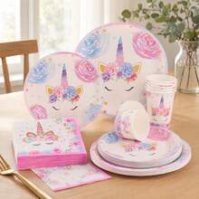 Blumen Gold Einhorn Partygeschirr, Pappteller, Pappbecher, Papierservietten, Einweggeschirr für Geburtstagsfeier, Jubiläum, Familienfest, Buffet, Feier und Dekoration - B - Übersicht 1
