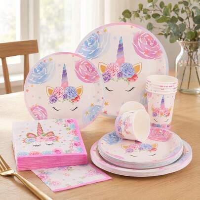 Blumen Gold Einhorn Partygeschirr, Pappteller, Pappbecher, Papierservietten, Einweggeschirr für Geburtstagsfeier, Jubiläum, Familienfest, Buffet, Feier und Dekoration