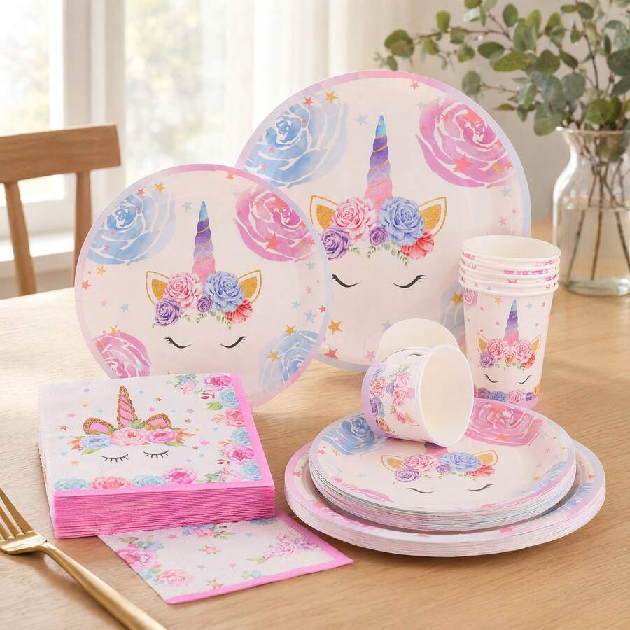 Blumen Gold Einhorn Partygeschirr, Pappteller, Pappbecher, Papierservietten, Einweggeschirr für Geburtstagsfeier, Jubiläum, Familienfest, Buffet, Feier und Dekoration - B - Übersicht 1
