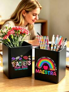 Teacher's Day Main Image Print Multifunctional Storage Box, Teacher's Day Office Essential, Desktop Organization Tool, Desktop Storage Tube, Business A5 Notebook, Office Meeting Notes Simple Notebook, Student Bound Notebook, Large Capacity Desktop Storage Box, Makeup Brush Storage Bucket, Pen Holder, Makeup Brush Holder, Can Hold Makeup Brushes, Pens, Remote Controls, Tableware And Small Items, Suitable For Home, Bathroom, Kitchen, Office, Bedroom, Dorm, Desktop, Living Room Compact Space-Saving Storage Supplies, Holiday, Birthday, Back To School Essential - Multicolor - View 4