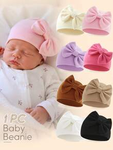 1PC Baby Cute Big Bow Soft Newborn Hospital Hat, Solid Color Breathable Comfortable Warm Baby Beanie, Suitable For Autumn/Winter Daily Rest And Sleep - Multicolor - View 1
