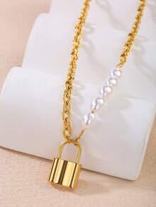1pc Ins Style Women's Stainless Steel Necklace With Oval Pearl And Small Gold Lock Pendant, Versatile Accessory For Dating And Valentine's Day Gift - Yellow Gold - View 3