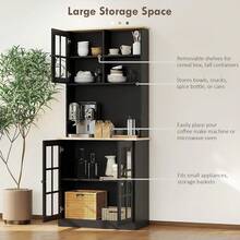 Kitchen Pantry Storage Cabinet, Freestanding Food Pantry Hutch Cabinet With Large Countertop Glass Doors And Adjustable Shelves, Modern Coffee Bar Microwave Stand Storage Organizer For Dining Room, Black - Black - View 5