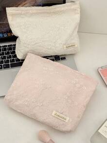 3D Floral Embroidery Storage Bag, 3 Colors Available, Gentle Floral Pattern, Fabric Material, Large Capacity, Multi-Functional, Lightweight, Convenient, For Skincare, Makeup, Digital Products And Small Items - Multicolor - View 5