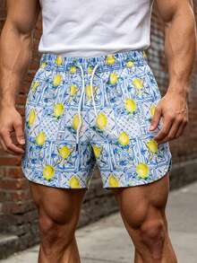 Men's Bold Sicilian Lemon Ceramic Print Swim Trunks, Italian Style Quick-Dry Drawstring Cuffed Casual Beach Shorts, Suitable For Summer Vacation And Pool - Yellow - View 4