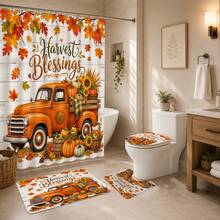 1pc/4pcs Autumn Harvest Blessing Pumpkin Truck Pattern Multi-Functional Bathroom Decor Shower Curtain Set, Free 12 Hooks, Premium Holiday Atmosphere, Bathroom Mat U-Shaped Rug And Round Toilet Lid Cover, Suitable For All Scenes Bathroom Set - Pumpkin Truck - View 2